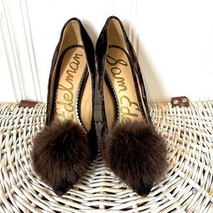 SAM EDELMAN Velvet Stiletto Heels with Pom-Poms